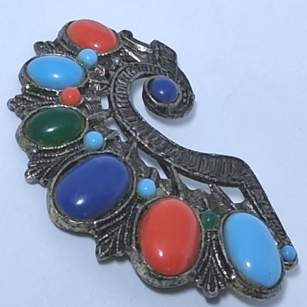 * Vintage New England Glass Works Multi Color Cab Pin Brooch